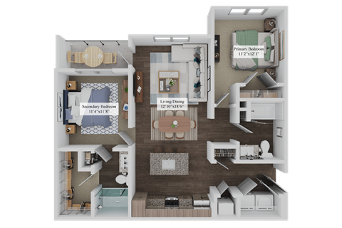 Floor plan for 2 beds, 2 baths, 1067 sqft